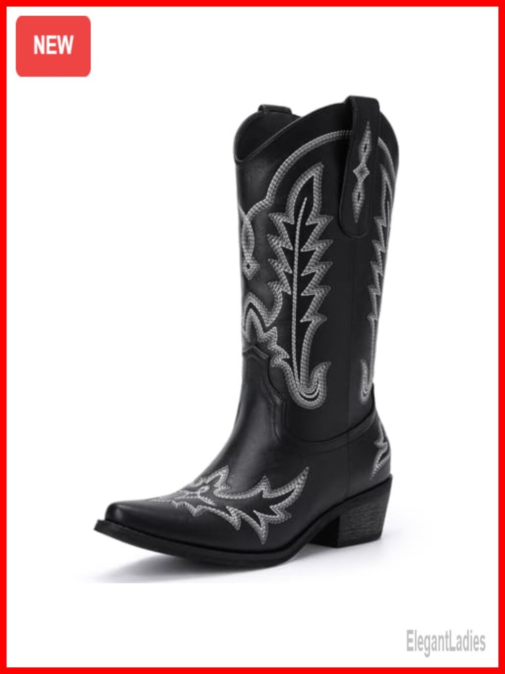 Embroidered Mid-Calf Cowboy Boots Pointed Toe Chunky Heel Pull-On